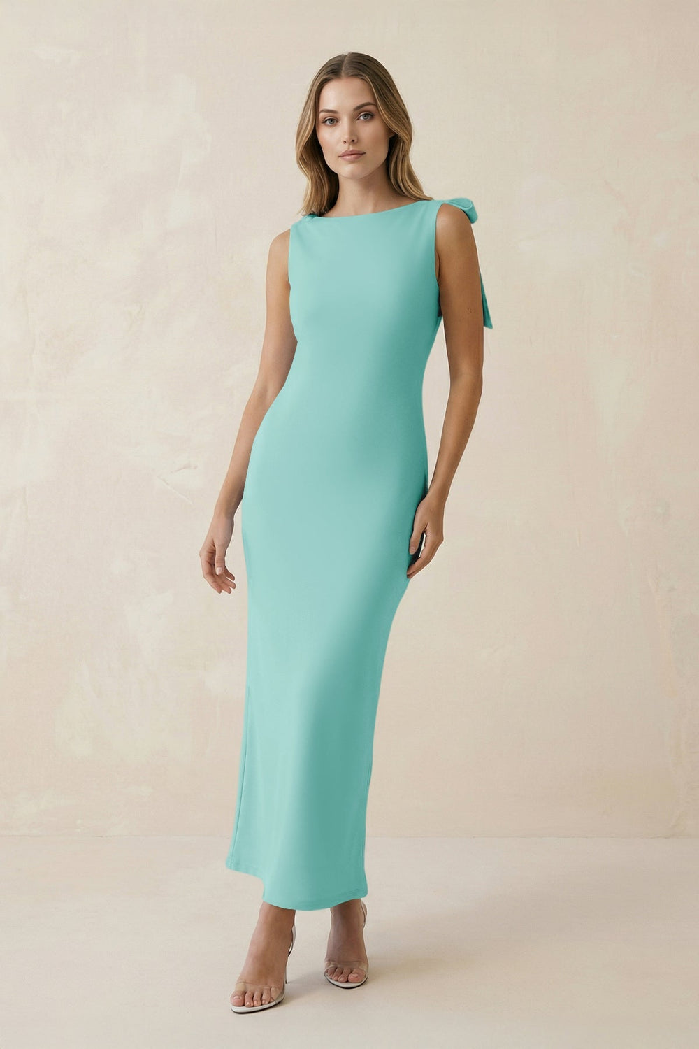 Bateau Neck Sheath Satin Midi Bridesmaid Dress With Bow in Aqua - KissProm Bridesmaid Dresses