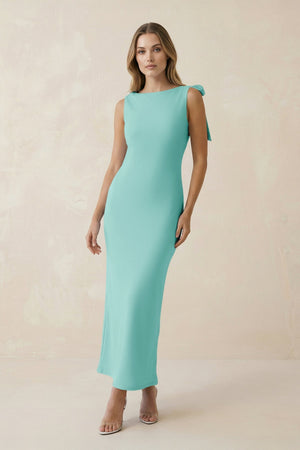 Bateau Neck Sheath Satin Midi Bridesmaid Dress With Bow in Aqua - KissProm Bridesmaid Dresses