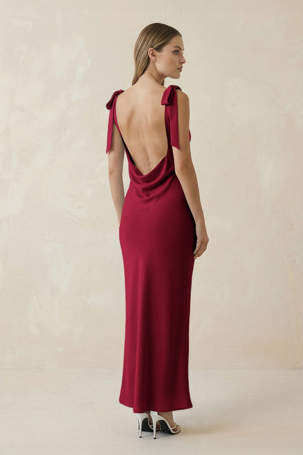 Bateau Neck Sheath Satin Midi Bridesmaid Dress With Bow in Berry - KissProm Bridesmaid Dresses