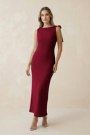 Bateau Neck Sheath Satin Midi Bridesmaid Dress With Bow in Berry - KissProm Bridesmaid Dresses