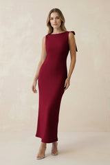 Bateau Neck Sheath Satin Midi Bridesmaid Dress With Bow in Berry - KissProm Bridesmaid Dresses