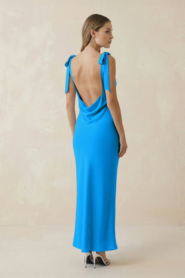 KissProm | Bateau Neck Sheath Satin Midi Bridesmaid Dress With Bow in Blue Jay KissProm | Bateau Neck Sheath Satin Midi Bridesmaid Dress With Bow in Blue Jay