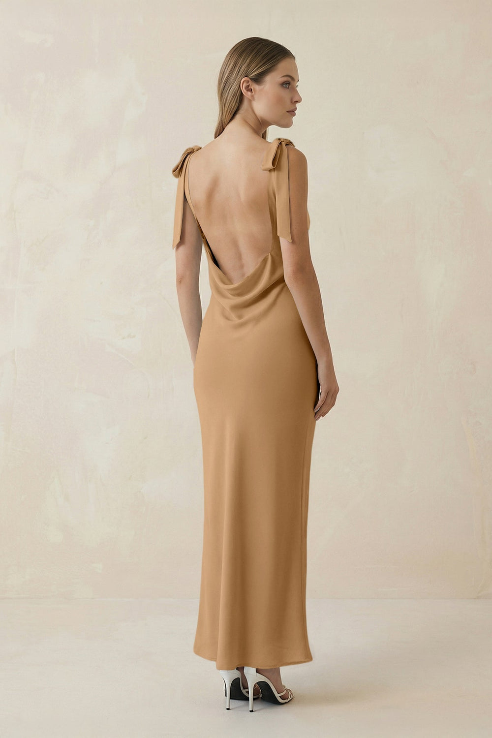 Bateau Neck Sheath Satin Midi Bridesmaid Dress With Bow in Bronzer - KissProm Bridesmaid Dresses