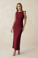 Bateau Neck Sheath Satin Midi Bridesmaid Dress With Bow in Burgundy - KissProm Bridesmaid Dresses
