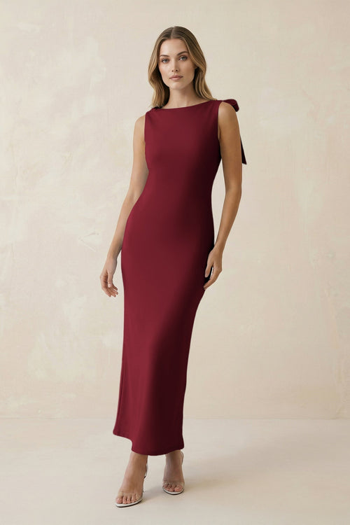Bateau Neck Sheath Satin Midi Bridesmaid Dress With Bow in Burgundy - KissProm Bridesmaid Dresses