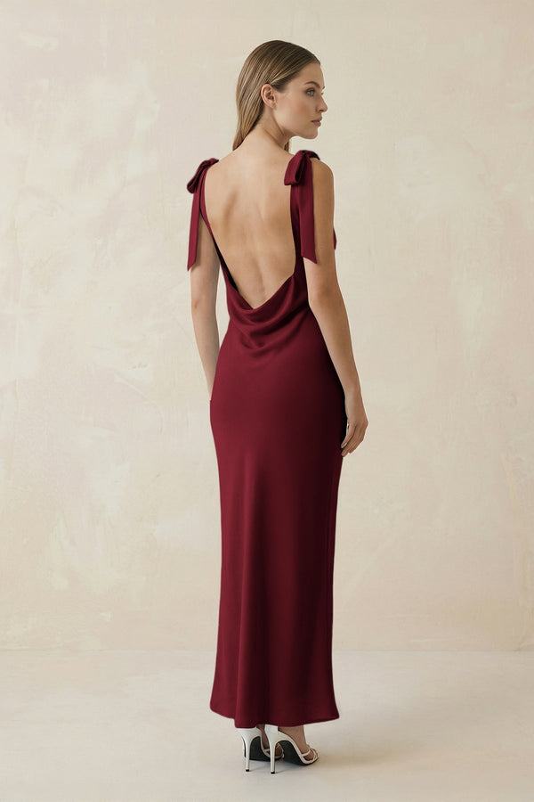 Bateau Neck Sheath Satin Midi Bridesmaid Dress With Bow in Burgundy - KissProm Bridesmaid Dresses