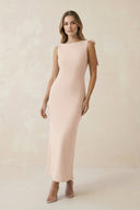 Bateau Neck Sheath Satin Midi Bridesmaid Dress With Bow in Buttercream - KissProm Bridesmaid Dresses