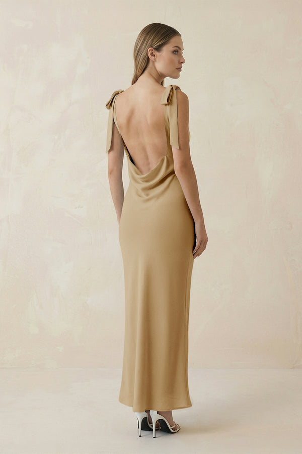 Bateau Neck Sheath Satin Midi Bridesmaid Dress With Bow in Champagne - KissProm Bridesmaid Dresses