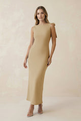 Bateau Neck Sheath Satin Midi Bridesmaid Dress With Bow in Champagne - KissProm Bridesmaid Dresses