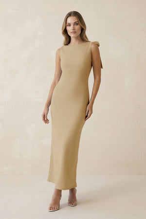 Bateau Neck Sheath Satin Midi Bridesmaid Dress With Bow in Champagne - KissProm Bridesmaid Dresses