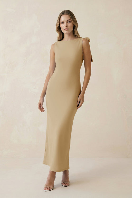 Bateau Neck Sheath Satin Midi Bridesmaid Dress With Bow in Champagne - KissProm Bridesmaid Dresses