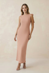 Bateau Neck Sheath Satin Midi Bridesmaid Dress With Bow in Champagne Rose - KissProm Bridesmaid Dresses