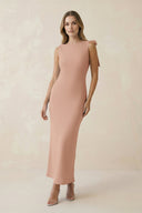 Bateau Neck Sheath Satin Midi Bridesmaid Dress With Bow in Champagne Rose - KissProm Bridesmaid Dresses