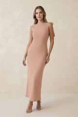Bateau Neck Sheath Satin Midi Bridesmaid Dress With Bow in Champagne Rose - KissProm Bridesmaid Dresses