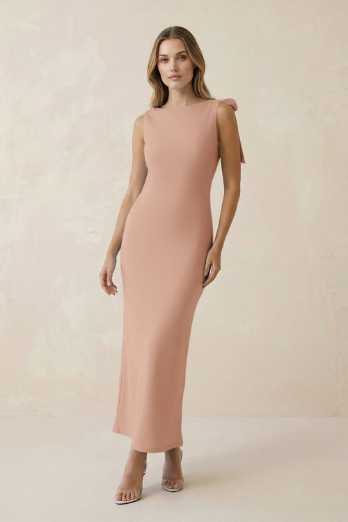 Bateau Neck Sheath Satin Midi Bridesmaid Dress With Bow in Champagne Rose - KissProm Bridesmaid Dresses