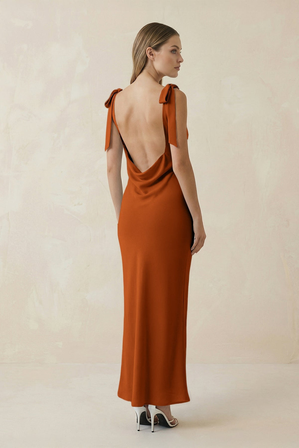 Bateau Neck Sheath Satin Midi Bridesmaid Dress With Bow in Cinnamon - KissProm Bridesmaid Dresses