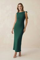 Bateau Neck Sheath Satin Midi Bridesmaid Dress With Bow in Dark Green - KissProm Bridesmaid Dresses