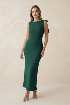 Bateau Neck Sheath Satin Midi Bridesmaid Dress With Bow in Dark Green - KissProm Bridesmaid Dresses