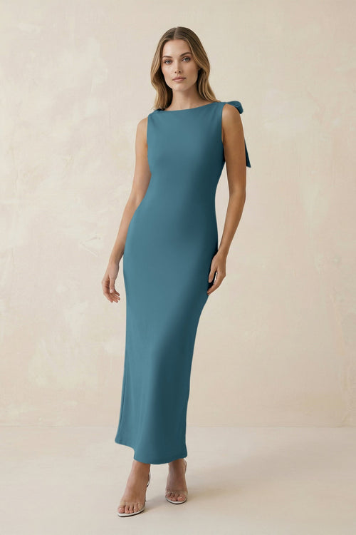 Bateau Neck Sheath Satin Midi Bridesmaid Dress With Bow in Dark Teal, Dark Teal / 30 Bateau Neck Sheath Satin Midi Bridesmaid Dress With Bow in Dark Teal, Dark Teal / 30