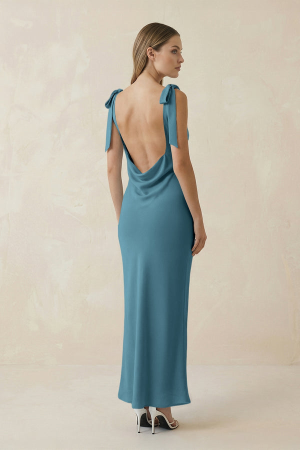 Bateau Neck Sheath Satin Midi Bridesmaid Dress With Bow in Dark Teal - KissProm Bridesmaid Dresses