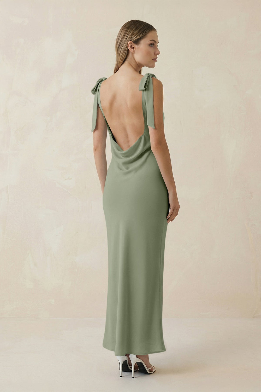 Bateau Neck Sheath Satin Midi Bridesmaid Dress With Bow in Dove Gray - KissProm Bridesmaid Dresses