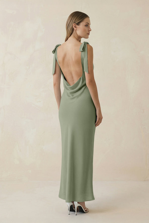 Bateau Neck Sheath Satin Midi Bridesmaid Dress With Bow in Dove Gray - KissProm Bridesmaid Dresses