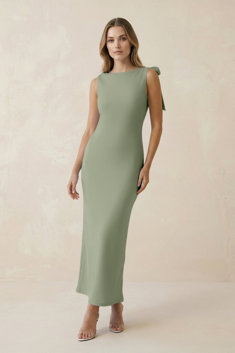 Bateau Neck Sheath Satin Midi Bridesmaid Dress With Bow in Dove Gray - KissProm Bridesmaid Dresses