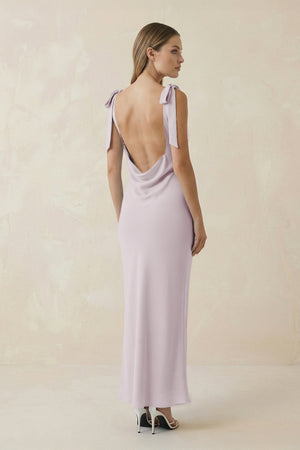 Bateau Neck Sheath Satin Midi Bridesmaid Dress With Bow in Dusk - KissProm Bridesmaid Dresses
