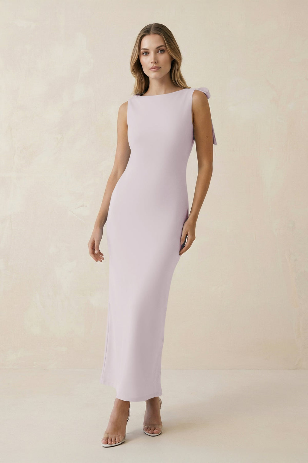 Bateau Neck Sheath Satin Midi Bridesmaid Dress With Bow in Dusk - KissProm Bridesmaid Dresses