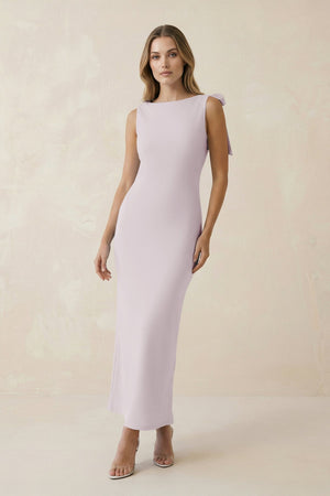 Bateau Neck Sheath Satin Midi Bridesmaid Dress With Bow in Dusk - KissProm Bridesmaid Dresses
