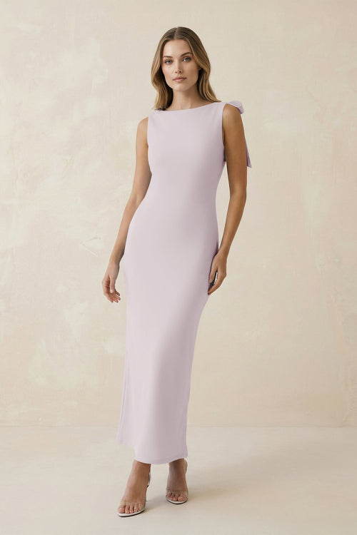 Bateau Neck Sheath Satin Midi Bridesmaid Dress With Bow in Dusk - KissProm Bridesmaid Dresses