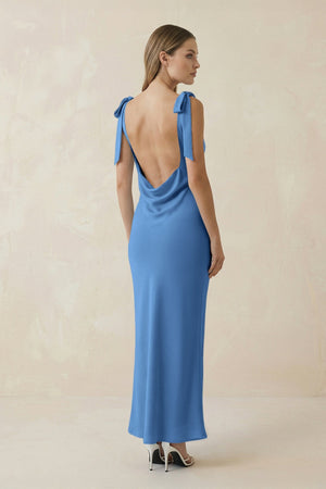 Bateau Neck Sheath Satin Midi Bridesmaid Dress With Bow in Dusty Blue - KissProm Bridesmaid Dresses