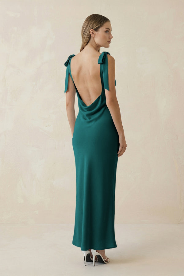 Bateau Neck Sheath Satin Midi Bridesmaid Dress With Bow in Emerald - KissProm Bridesmaid Dresses