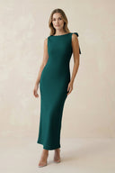 Bateau Neck Sheath Satin Midi Bridesmaid Dress With Bow in Emerald - KissProm Bridesmaid Dresses