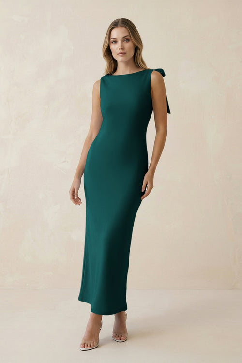 Bateau Neck Sheath Satin Midi Bridesmaid Dress With Bow in Emerald - KissProm Bridesmaid Dresses