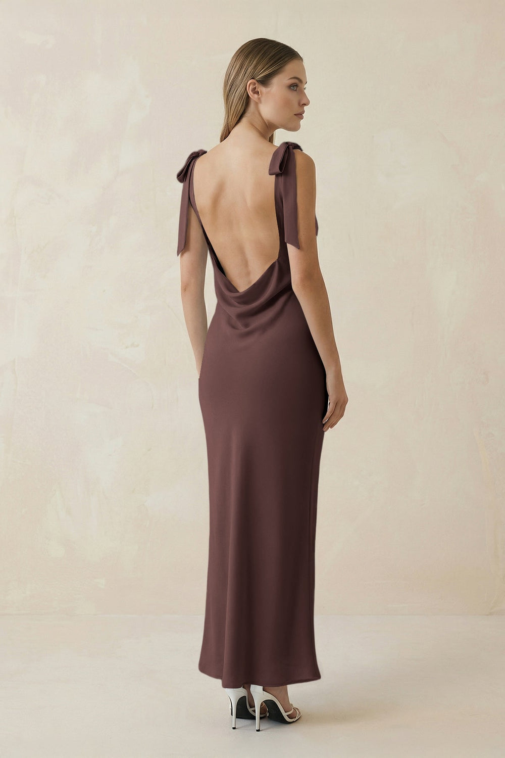 Bateau Neck Sheath Satin Midi Bridesmaid Dress With Bow in Espresso - KissProm Bridesmaid Dresses