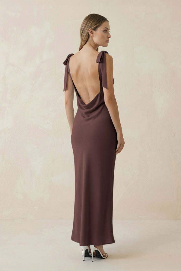 Bateau Neck Sheath Satin Midi Bridesmaid Dress With Bow in Espresso - KissProm Bridesmaid Dresses