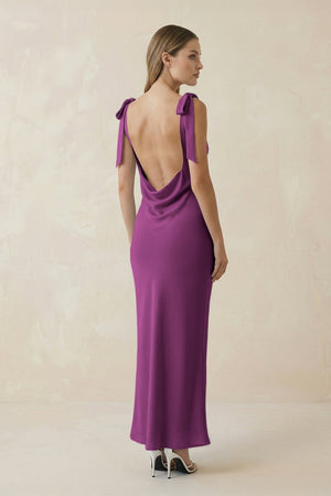 Bateau Neck Sheath Satin Midi Bridesmaid Dress With Bow in Fig - KissProm Bridesmaid Dresses