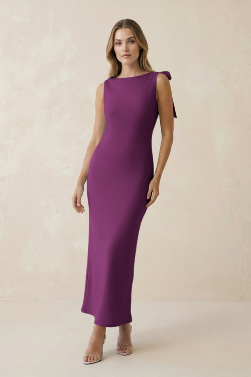 Bateau Neck Sheath Satin Midi Bridesmaid Dress With Bow in Fig - KissProm Bridesmaid Dresses