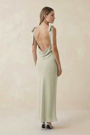 Bateau Neck Sheath Satin Midi Bridesmaid Dress With Bow in Frost - KissProm Bridesmaid Dresses