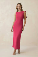 Bateau Neck Sheath Satin Midi Bridesmaid Dress With Bow in Fuchsia - KissProm Bridesmaid Dresses