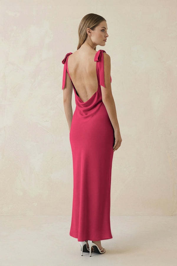 Bateau Neck Sheath Satin Midi Bridesmaid Dress With Bow in Fuchsia - KissProm Bridesmaid Dresses