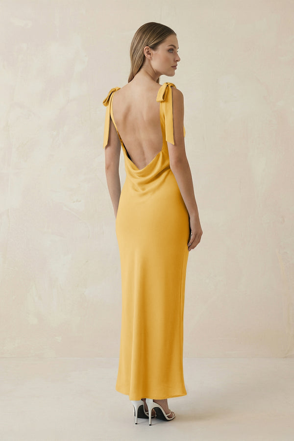 Bateau Neck Sheath Satin Midi Bridesmaid Dress With Bow in Gold - KissProm Bridesmaid Dresses