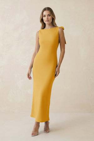Bateau Neck Sheath Satin Midi Bridesmaid Dress With Bow in Gold - KissProm Bridesmaid Dresses