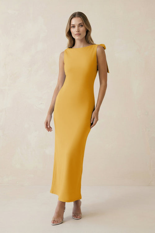 Bateau Neck Sheath Satin Midi Bridesmaid Dress With Bow in Gold - KissProm Bridesmaid Dresses