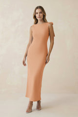 Bateau Neck Sheath Satin Midi Bridesmaid Dress With Bow in Golden Champagne - KissProm Bridesmaid Dresses