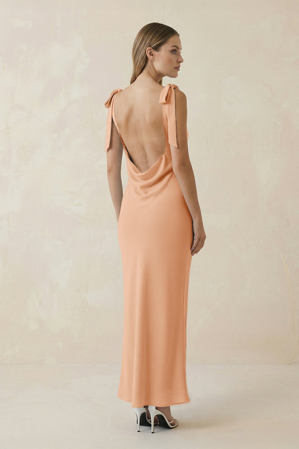 Bateau Neck Sheath Satin Midi Bridesmaid Dress With Bow in Golden Champagne - KissProm Bridesmaid Dresses