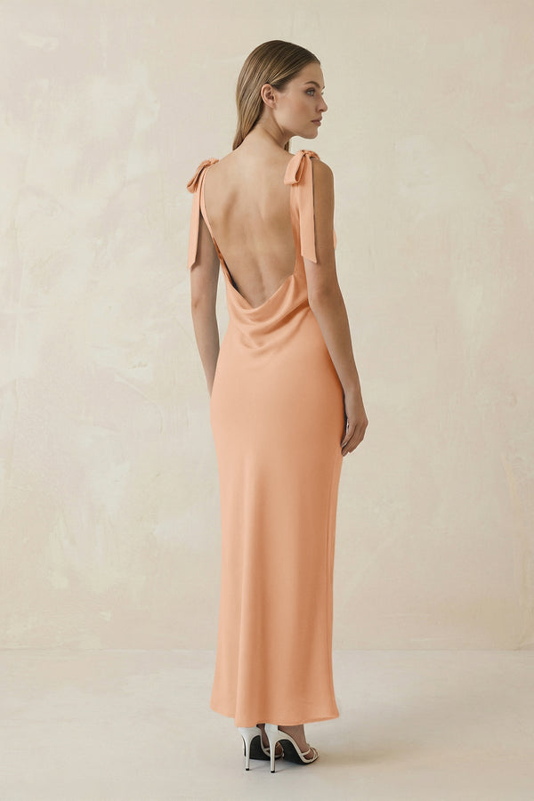 Bateau Neck Sheath Satin Midi Bridesmaid Dress With Bow in Golden Champagne - KissProm Bridesmaid Dresses
