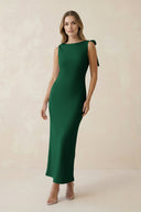 Bateau Neck Sheath Satin Midi Bridesmaid Dress With Bow in Green - KissProm Bridesmaid Dresses