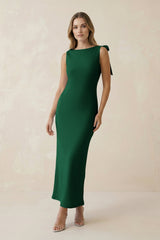 Bateau Neck Sheath Satin Midi Bridesmaid Dress With Bow in Green - KissProm Bridesmaid Dresses